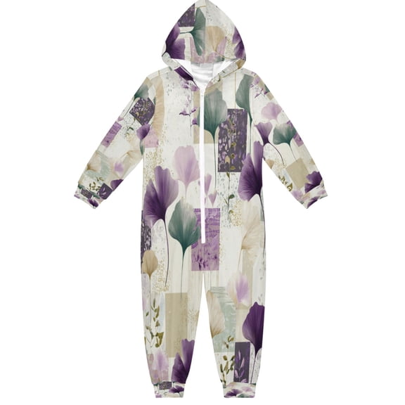 Soft Big Kids Onesie Pajamas Cozy Loose-Fit Jumpsuits for kids with Pockets for Christmas Lounge & Play Ginkgo Leaves and Petals