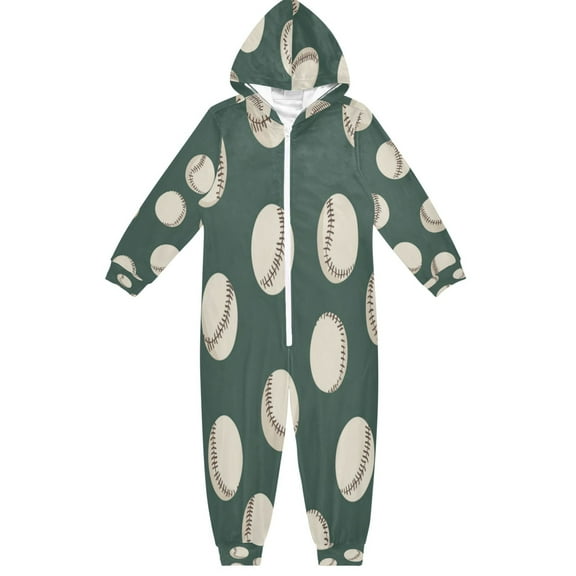 Soft Big Kids Onesie Pajamas Cozy Loose-Fit Jumpsuits for kids with Pockets for Christmas Lounge & Play Green Baseball Pattern
