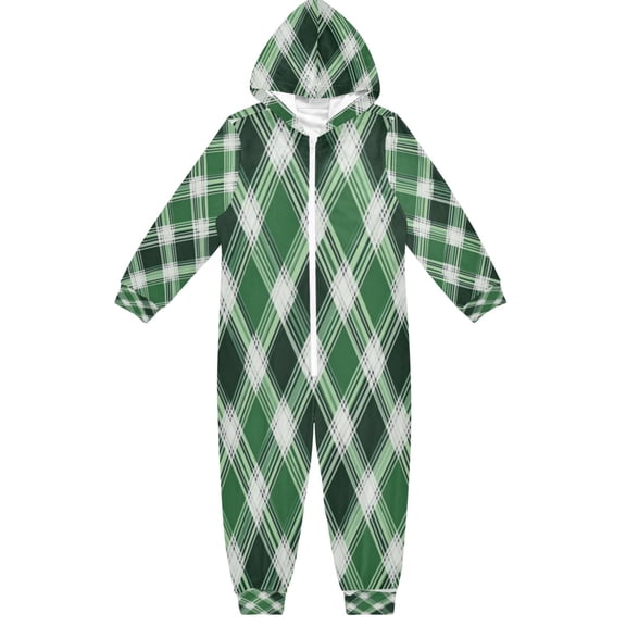Soft Big Kids Onesie Pajamas Cozy Loose-Fit Jumpsuits for kids with Pockets for Christmas Lounge & Play Green Plaid