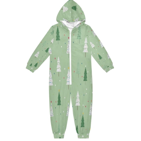 Soft Big Kids Onesie Pajamas Cozy Loose-Fit Jumpsuits for kids with Pockets for Christmas Lounge & Play Green and White Christmas Tree