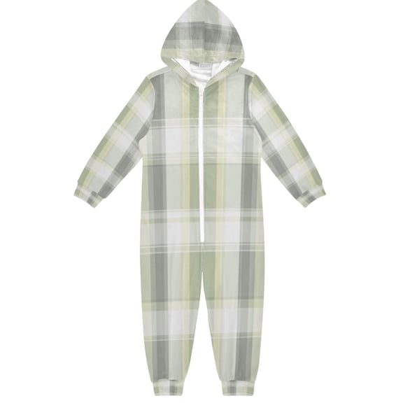 Soft Big Kids Onesie Pajamas Cozy Loose-Fit Jumpsuits for kids with Pockets for Christmas Lounge & Play Light Gray and Green Plaid