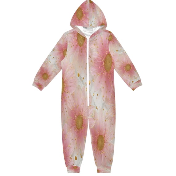 Soft Big Kids Onesie Pajamas Cozy Loose-Fit Jumpsuits for kids with Pockets for Christmas Lounge & Play Light Pink Daisies