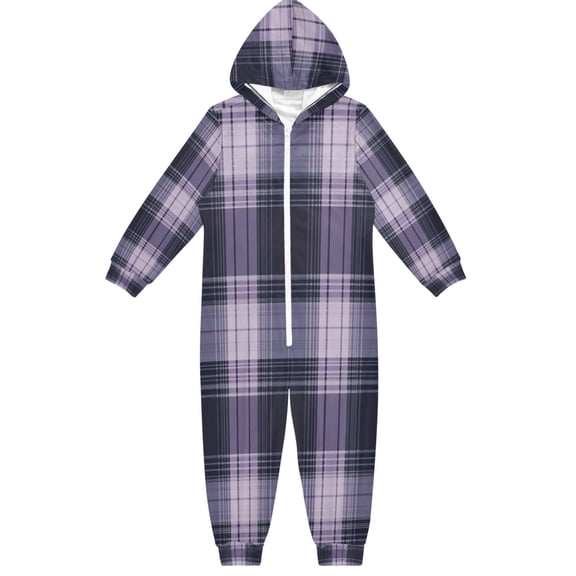 Soft Big Kids Onesie Pajamas Cozy Loose-Fit Jumpsuits for kids with Pockets for Christmas Lounge & Play Light Purple Tartan