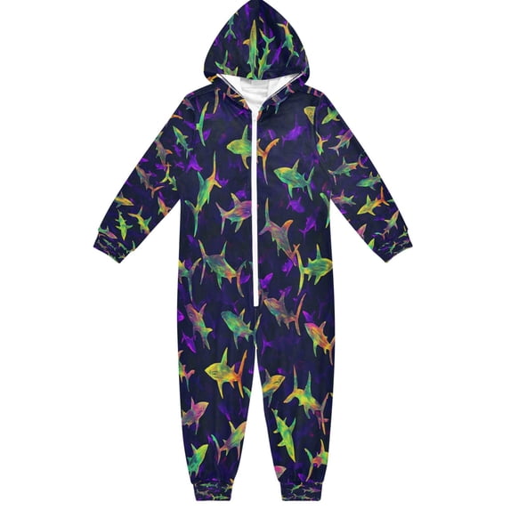 Soft Big Kids Onesie Pajamas Cozy Loose-Fit Jumpsuits for kids with Pockets for Christmas Lounge & Play Neon Colors Sharks