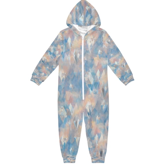 Soft Big Kids Onesie Pajamas Cozy Loose-Fit Jumpsuits for kids with Pockets for Christmas Lounge & Play Peach and Blue Rhombus