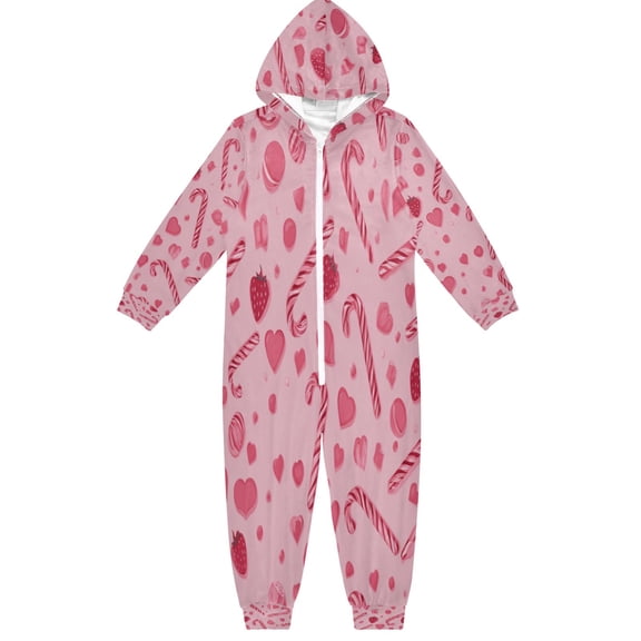 Soft Big Kids Onesie Pajamas Cozy Loose-Fit Jumpsuits for kids with Pockets for Christmas Lounge & Play Pink Candy Cane and Strawberry