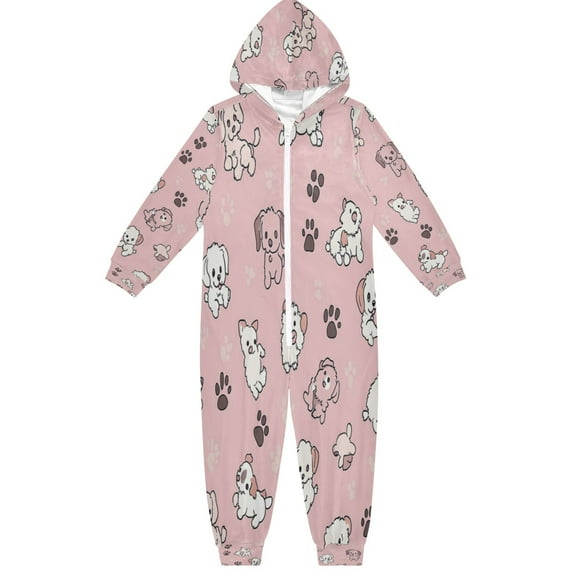 Soft Big Kids Onesie Pajamas Cozy Loose-Fit Jumpsuits for kids with Pockets for Christmas Lounge & Play Pink Cartoon Puppy Pattern