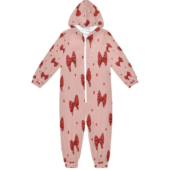 Soft Big Kids Onesie Pajamas Cozy Loose-Fit Jumpsuits for kids with Pockets for Christmas Lounge & Play Red Bows and Polka Dots