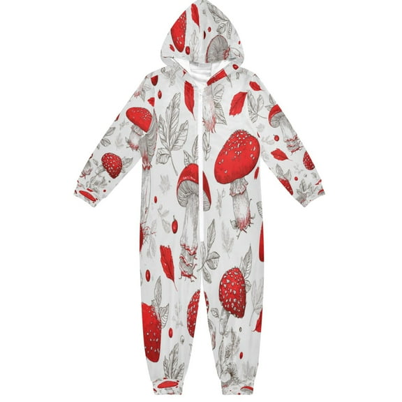 Soft Big Kids Onesie Pajamas Cozy Loose-Fit Jumpsuits for kids with Pockets for Christmas Lounge & Play Red Mushrooms Pattern