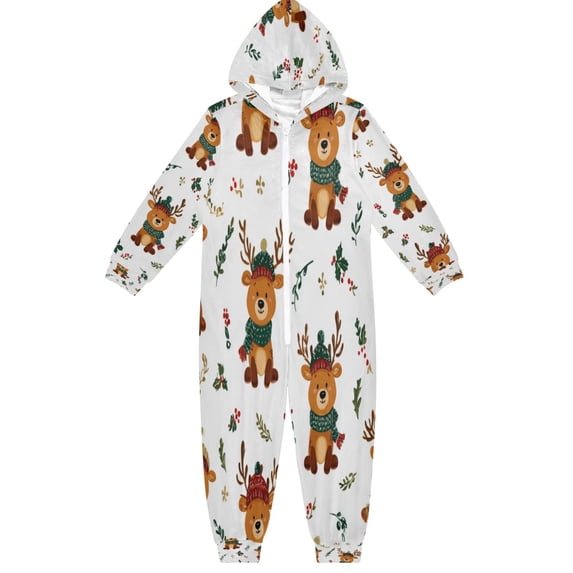 Soft Big Kids Onesie Pajamas Cozy Loose-Fit Jumpsuits for kids with Pockets for Christmas Lounge & Play Reindeer with Scarf Pattern