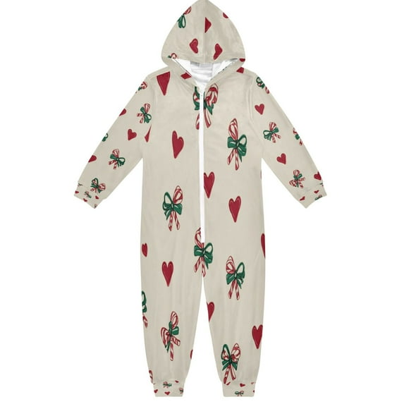Soft Big Kids Onesie Pajamas Cozy Loose-Fit Jumpsuits for kids with Pockets for Christmas Lounge & Play Ribbons and Hearts Pattern