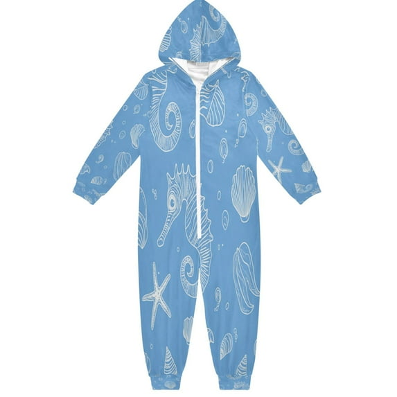 Soft Big Kids Onesie Pajamas Cozy Loose-Fit Jumpsuits for kids with Pockets for Christmas Lounge & Play Seahorses Starfish and Shells
