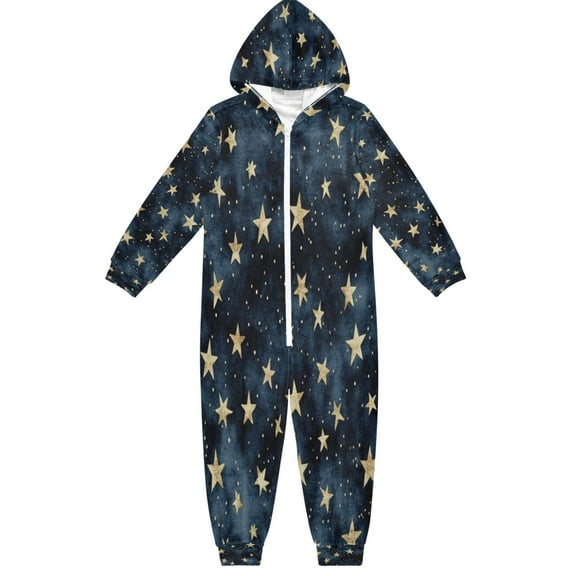 Soft Big Kids Onesie Pajamas Cozy Loose-Fit Jumpsuits for kids with Pockets for Christmas Lounge & Play Small Gold Stars Pattern