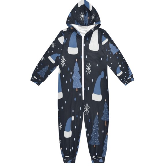 Soft Big Kids Onesie Pajamas Cozy Loose-Fit Jumpsuits for kids with Pockets for Christmas Lounge & Play Snowy Pine Trees and Santa Hats