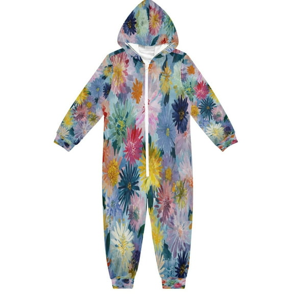 Soft Big Kids Onesie Pajamas Cozy Loose-Fit Jumpsuits for kids with Pockets for Christmas Lounge & Play Vibrant Abstract Floral