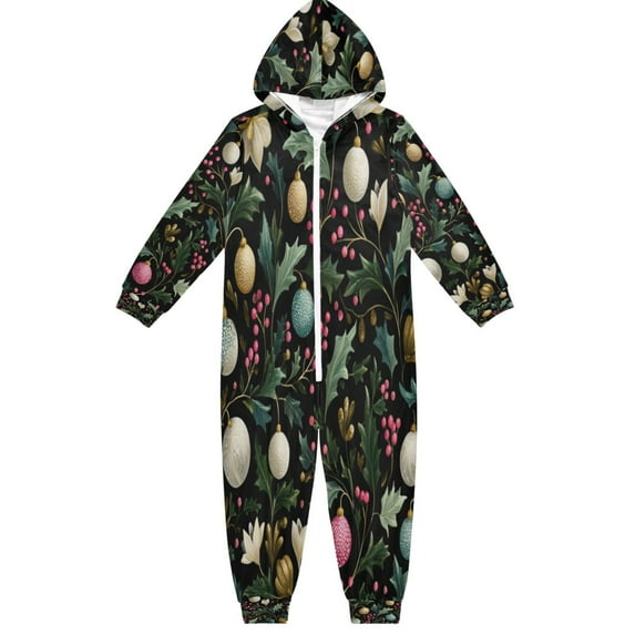 Soft Big Kids Onesie Pajamas Cozy Loose-Fit Jumpsuits for kids with Pockets for Christmas Lounge & Play Vintage Christmas Decorations Pattern