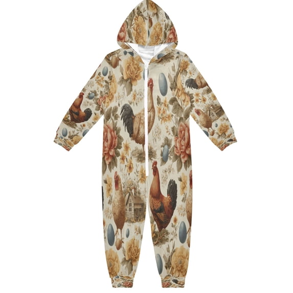 Soft Big Kids Onesie Pajamas Cozy Loose-Fit Jumpsuits for kids with Pockets for Christmas Lounge & Play Vintage Flowers and Hens