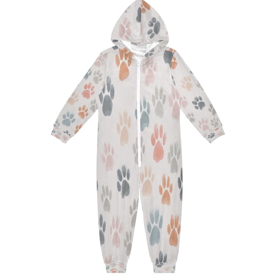 Soft Big Kids Onesie Pajamas Cozy Loose-Fit Jumpsuits for kids with Pockets for Christmas Lounge & Play Watercolor Dog Paw Prints