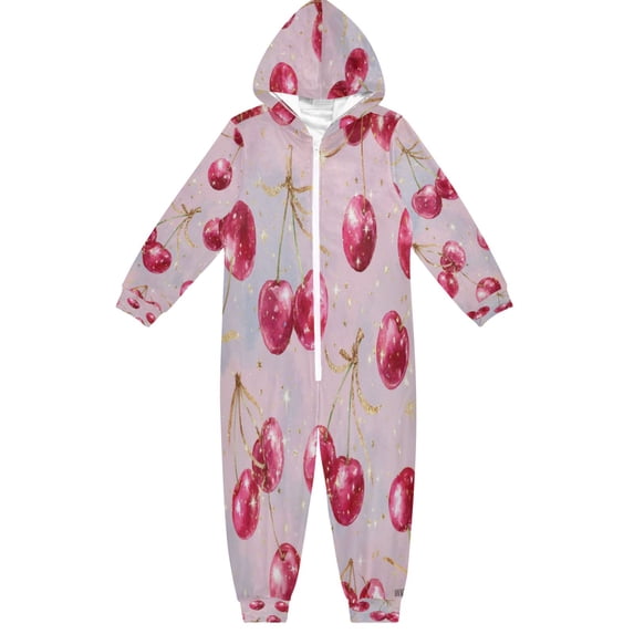 Soft Big Kids Onesie Pajamas Cozy Loose-Fit Jumpsuits for kids with Pockets for Christmas Lounge & Play Watercolor Sparkling Cherries