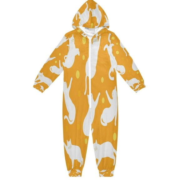 Soft Big Kids Onesie Pajamas Cozy Loose-Fit Jumpsuits for kids with Pockets for Christmas Lounge & Play White Cat Silhouettes
