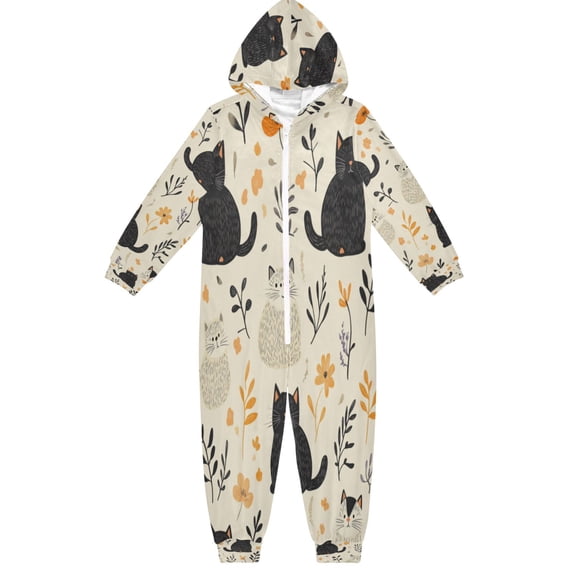 Soft Big Kids Onesie Pajamas Cozy Loose-Fit Jumpsuits for kids with Pockets for Christmas Lounge & Play White Cat and Black Cat