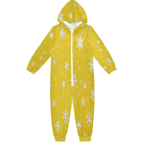 Soft Big Kids Onesie Pajamas Cozy Loose-Fit Jumpsuits for kids with Pockets for Christmas Lounge & Play Yellow Background with White Snowflakes