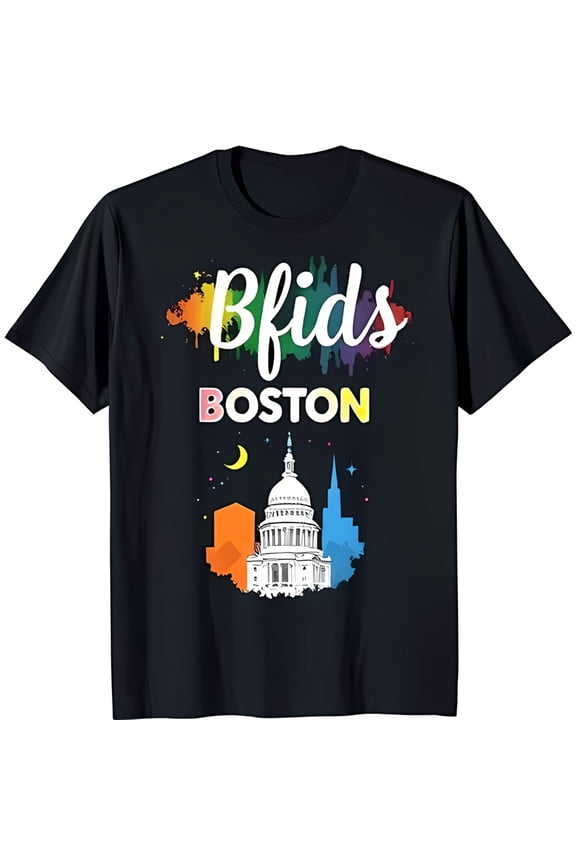 Soft Black T-Shirt with Rainbow Splatter & Boston State House Graphic