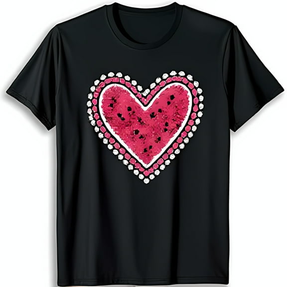 Stylish Black T-Shirt with Sparkly Pink Heart Design Eye Catching Glittery Graphic Tee
