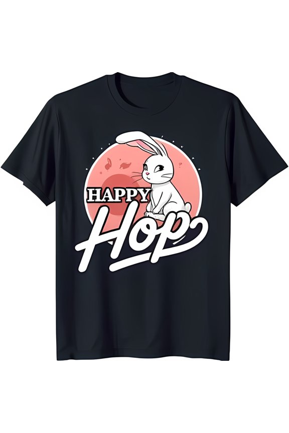 Soft Black T-Shirt with White Rabbit Graphic on Pink Circle 'Happy Hop' Design