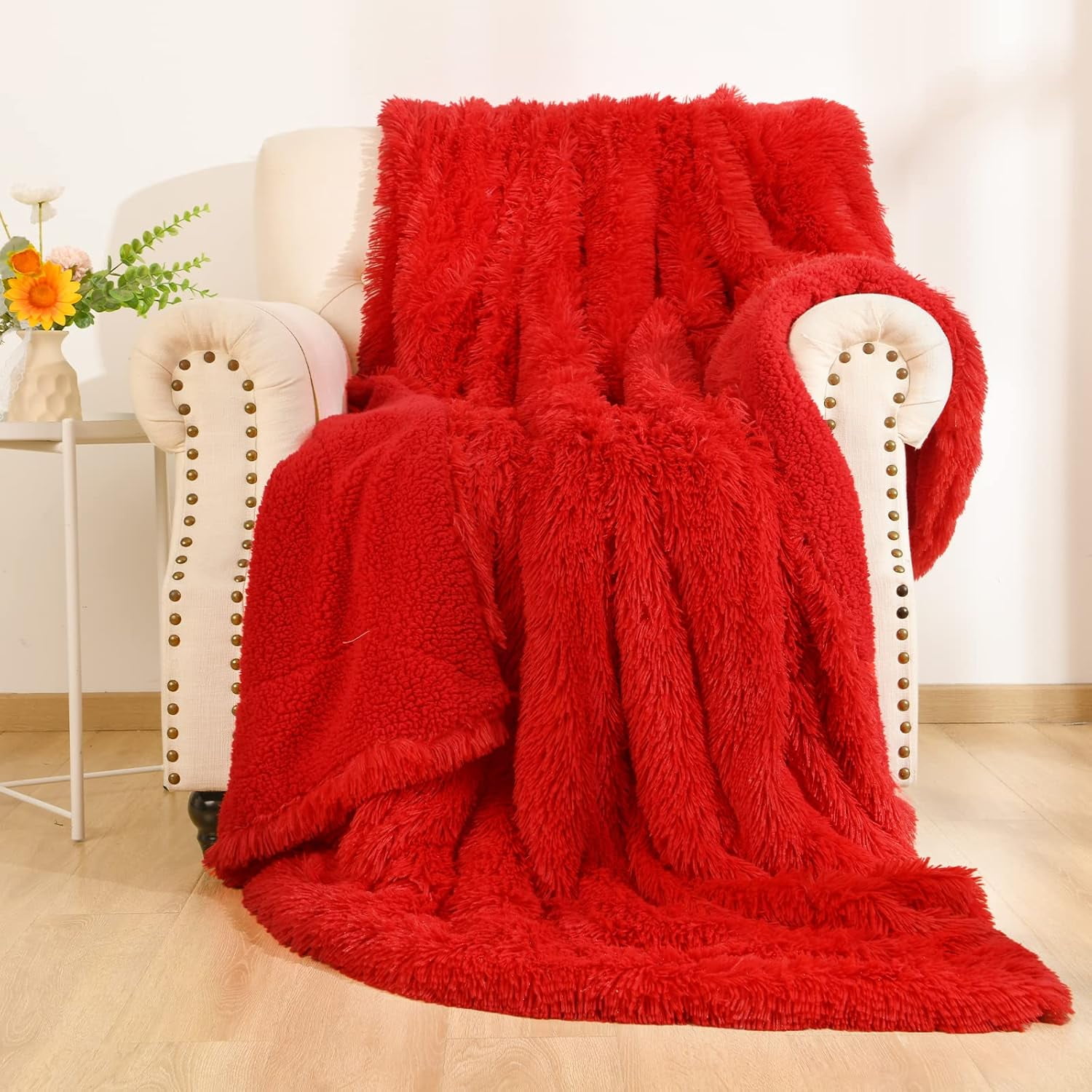 Soft Blanket Throw Red 60 x 80 Inch Thick Fluffy Throw Blanket for Bed Cozy Blanket for Couch Full Size Pretty Picture Photo Prop Fur Blankets Washable