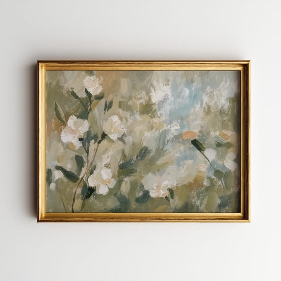 Soft Bloom Poster, Abstract White Floral, Sage Green Botanical ...