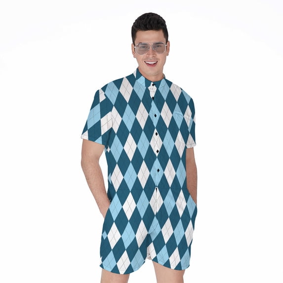 Soft Blue Argyle Pattern Short Sleeve Men'S Rompers, Checkered Caro Plaid Tartan Casual Summer Jumpsuits Outfit