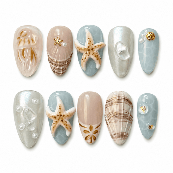 Soft Blue Beach Press on Nails, Short Almond Glossy False Nails with Starfish Shell Detail, 30 Count