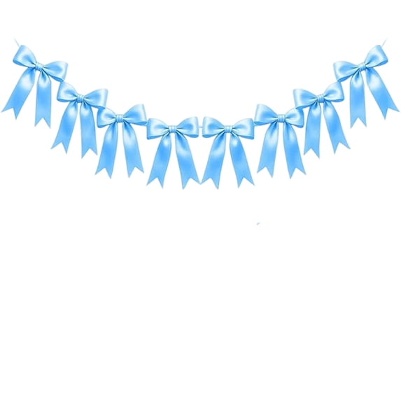 Soft Blue Bow Garland - 1 String with 8 Satin Bows, Decorative Ribbon Banner for Home, Party, Wedding, Baby Shower, Birthday Decorations