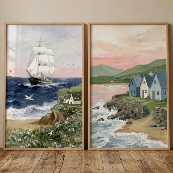 Soft Blue Coastal Landscape Wall Art Set of 2 Nautical Ship Seaside Cottage Art Beach House Wall Decor Coastal Grandmother Aesthetic Set 2