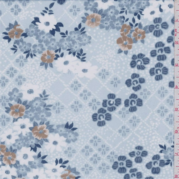 Soft Blue Floral Lattice Print Micro Mesh, Fabric By the Yard