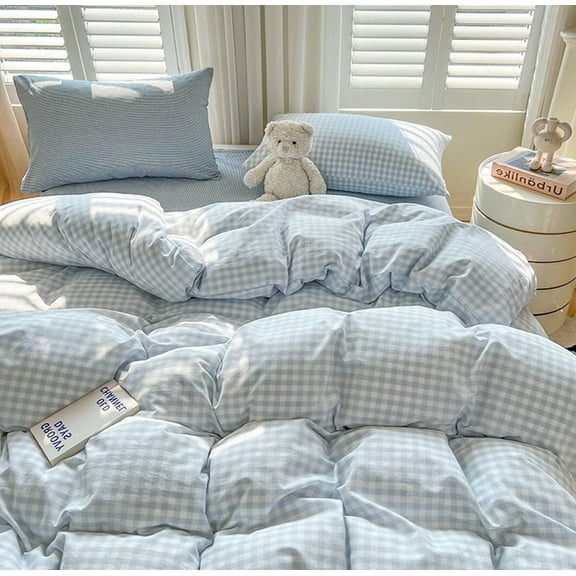 Soft Blue Gingham Duvet Cover Queen Size 3 Pcs Microfiber Bedding Set