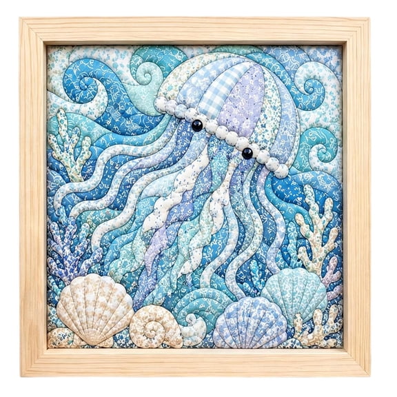 Soft Blue Jellyfish Ocean DIY Craft Frame, Seabed Patchwork Quilting Kit, Nautical Handicraft Set for Living Space Ornament