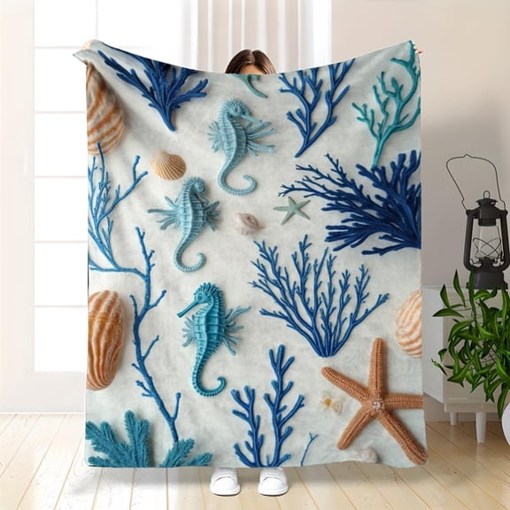 Soft Blue & Teal Nautical Flannel Bedspread - Seahorse Starfish Coral Beach Bedspread, Lightweight Cozy Throw Blanket Suitable for Sofa, Bed, Travel - All-Season Bed Cover 280k