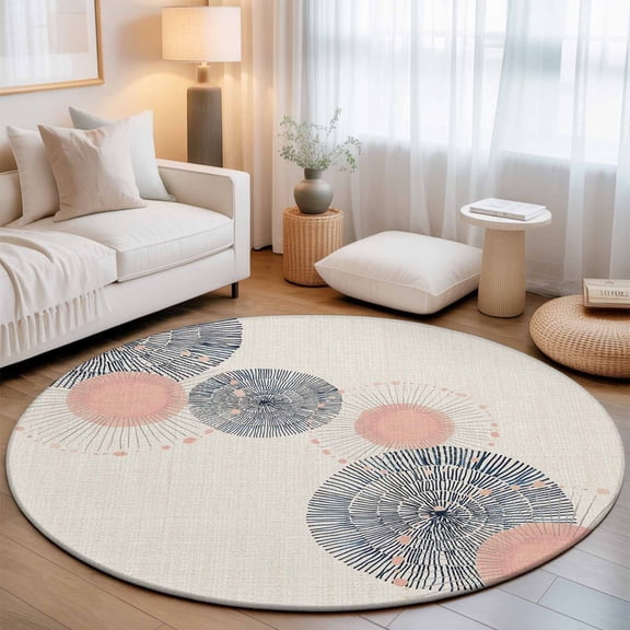 Soft Blush Circles Round Rug 5ft Retro Delicate Line on Linen Washable Area Rugs for Living Room Bedroom Entryway Non Slip Entrance Door Mat Indoor Floor Carpet