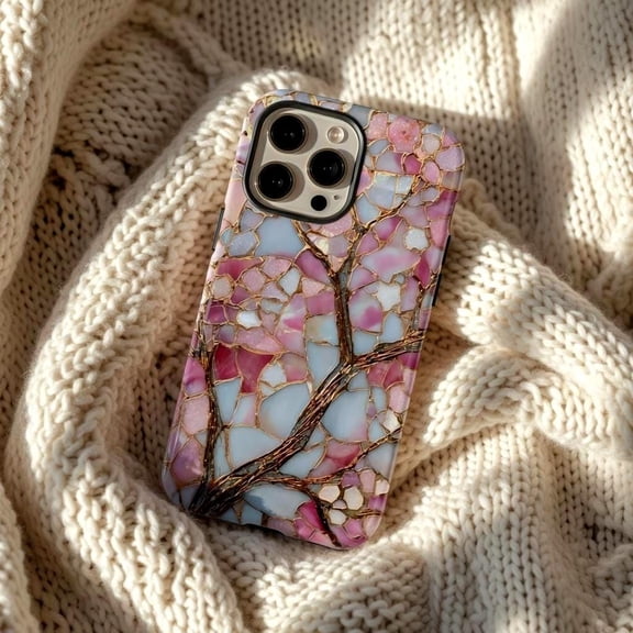 Soft Blush Floral Botanical Case - Elegant Stained Glass Art Designed for iPhone 17, 16, 15, 14, 13 Tough Protective Cover
