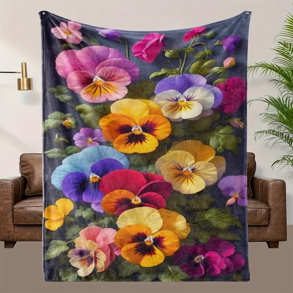 Soft Bohemian Blanket Ultra Soft Bohemian Floral Print Flannel Blanket Vibrant Multicolor Pansy Design All Season Throw for Bed Couch Home Decor Cozy Night Blanket Boho Chic Decor