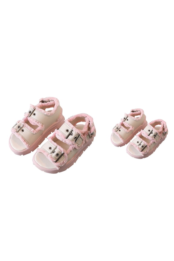 Soft Bottom Adjustable Ankle Width Sandals, Big Kids Girl Summer Princess Shoes with Hairy Edge, Pink Black Toddler Clogs