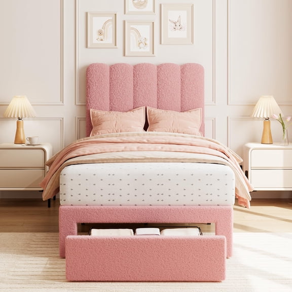 Soft Boucle Wave Headboard Twin Bed Frame with Under Bed Storage Drawer, Wooden Slat Platform Bed No Box Spring Required