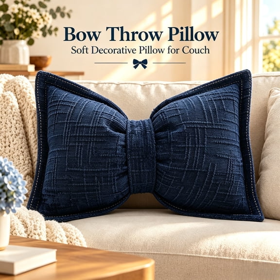 Soft Bow Pillow, 3D Bow Shaped Decorative Throw Pillow, Vintage Textured Scandinavian Pillow for Sofa Couch Bedroom Home Decor, 20"×12"