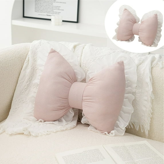 Soft Bow Pillow Butterfly Shaped Throw Pillow Linen Fabric Lumbar Cushion Aesthetic Creative Home Decor Throw Pillows Car Backrest Cushion for Couch Bed Home Decoration (Pink)