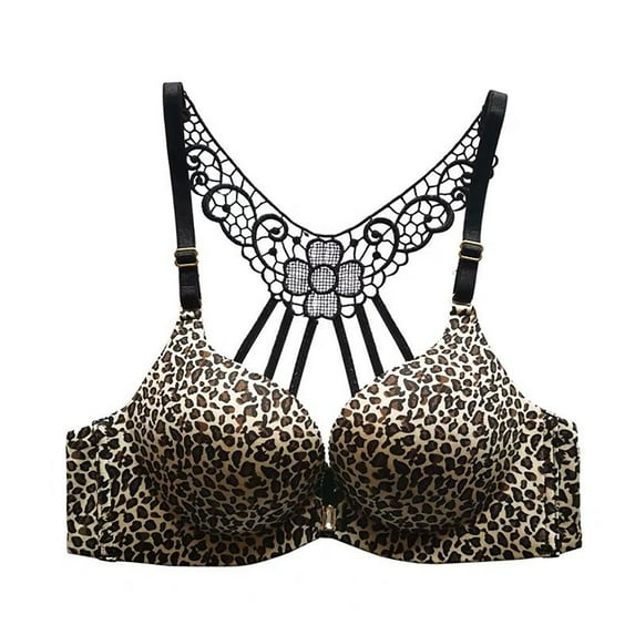 Soft Bras for Women Wire-Free Fashion Leopard Print Lace Bra Bra V-Neck No Underwire Bra Feature Hook and Eye Closure Full-Figure Bra Style Y-173 , Khaki S
