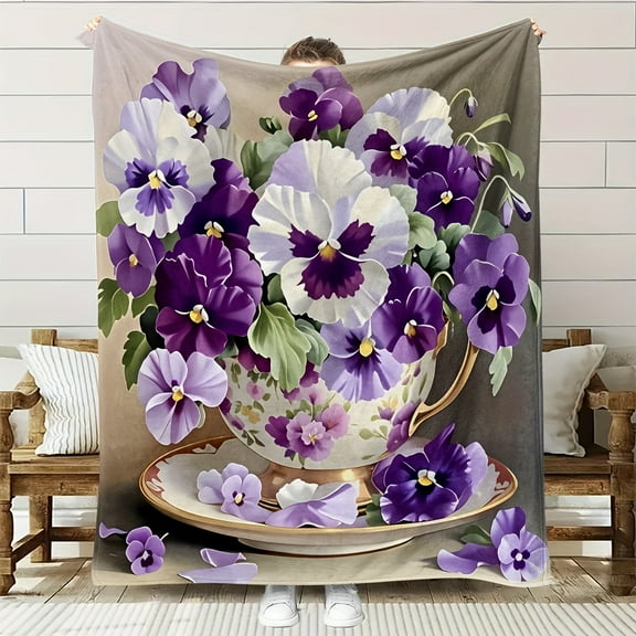 Soft Breathable 100% Polyester Flannel Blanket - Traditional Style Purple Pansy Flower Print Design All-Season Cozy Home Decor Blanket