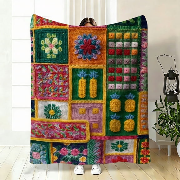 Soft Breathable All-Season Lightweight 280gsm Flannel-Soft Polyester Throw Blanket - Colorful Floral Patchwork Bedspread with Multicolor Mosaic Design in Pink, Orange, Green, Blue, Yellow, White