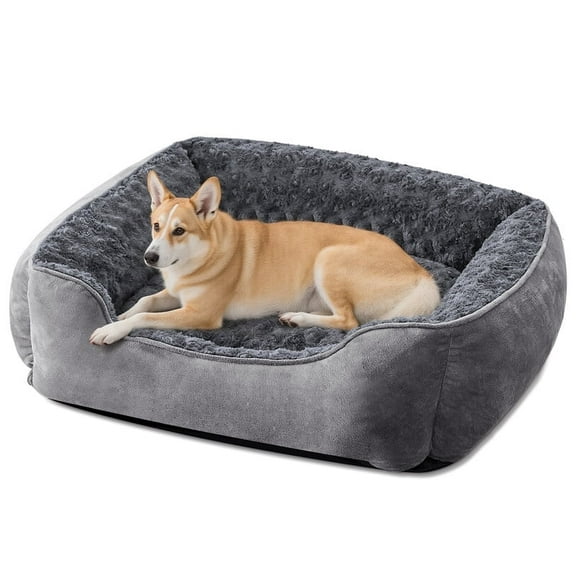 Rectangle Dog Bed for Large Medium Small Dogs, Soft Breathable Puppy & Pet Cuddler with Washable Sofa Bed, Durable Calming Dog Bed with Anti-Slip Bottom, Gray, 30"x24"x9"